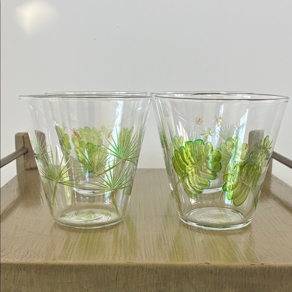 Hand-painted Floral Green Glass Tumblers